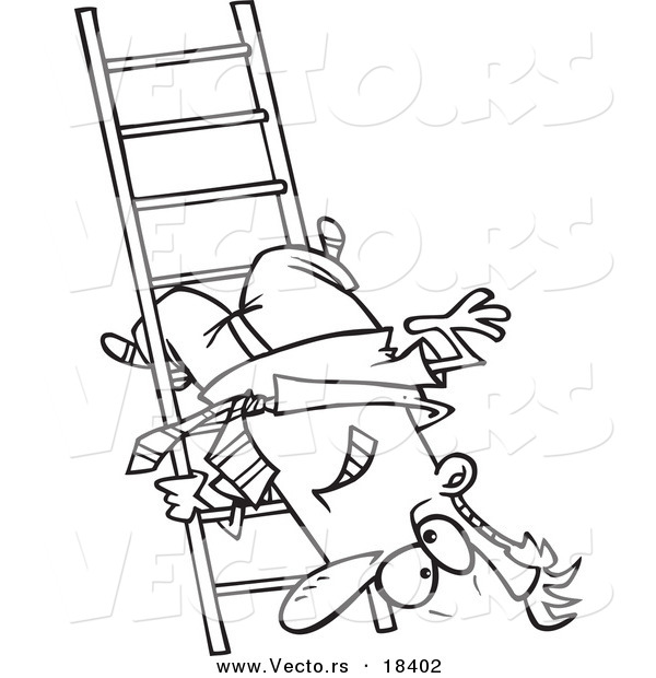 Vector of a Cartoon Businessman Upside down on a Ladder Rung - Outlined Coloring Page