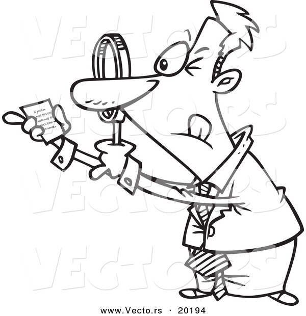 Vector of a Cartoon Businessman Using a Magnifying Glass to Read the Fine Print - Outlined Coloring Page