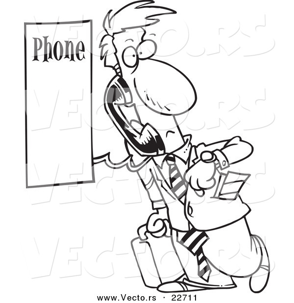 Vector of a Cartoon Businessman Using a Pay Phone - Coloring Page Outline
