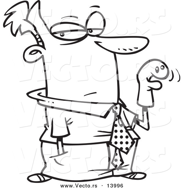 Vector of a Cartoon Businessman Using a Puppet - Coloring Page Outline