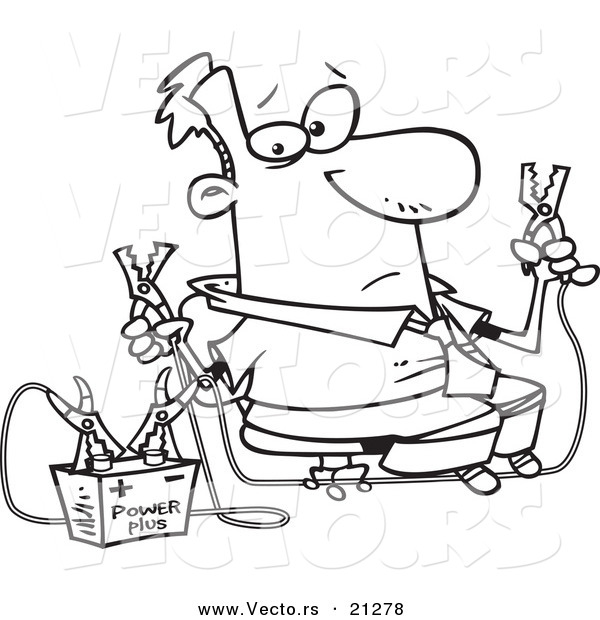 Vector of a Cartoon Businessman Using Jumper Cables - Outlined Coloring Page
