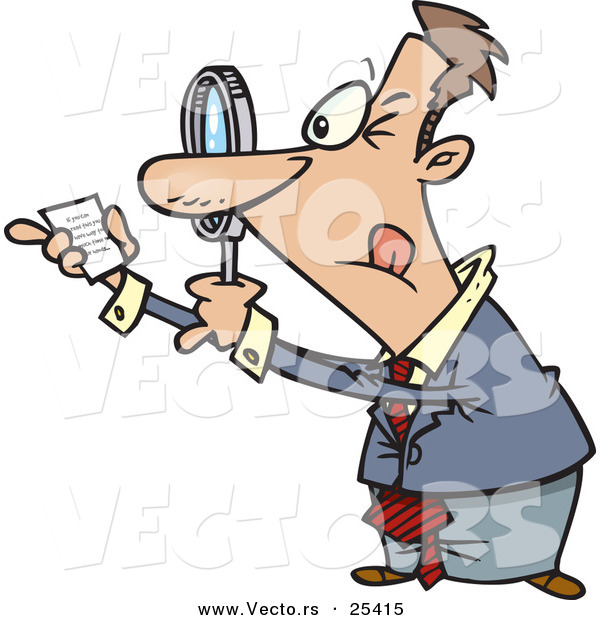 Vector of a Cartoon Businessman Using Magnifying Glass to Read Fine Print on a Tiny Legal Document