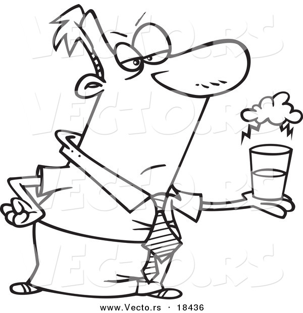 Vector of a Cartoon Businessman Viewing a Glass Half Empty - Outlined Coloring Page