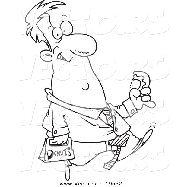 Vector of a Cartoon Businessman Walking and Eating a Donut - Outlined Coloring Page