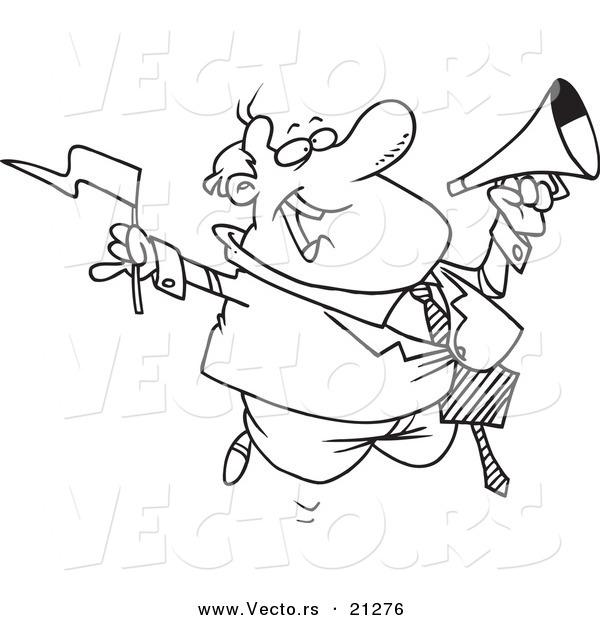 Vector of a Cartoon Businessman Waving a Flag and Using a Megaphone - Outlined Coloring Page
