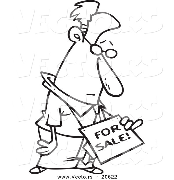 Vector of a Cartoon Businessman Wearing a for Sale Sign on His Neck - Coloring Page Outline