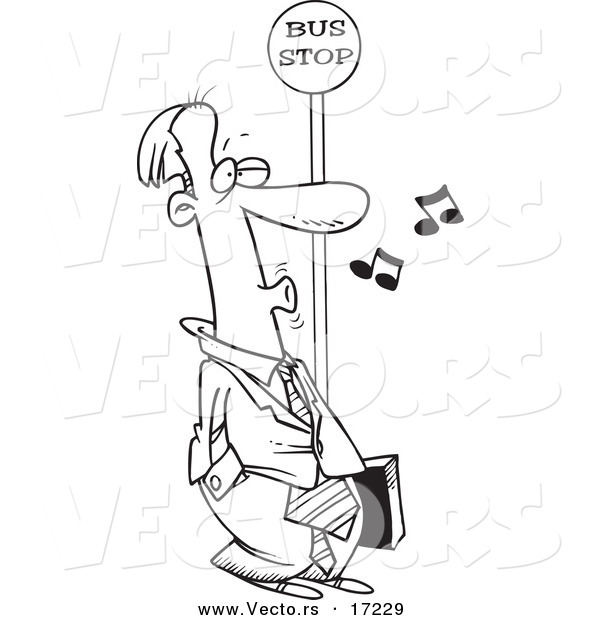 Vector of a Cartoon Businessman Whistling at a Bus Stop - Coloring Page Outline