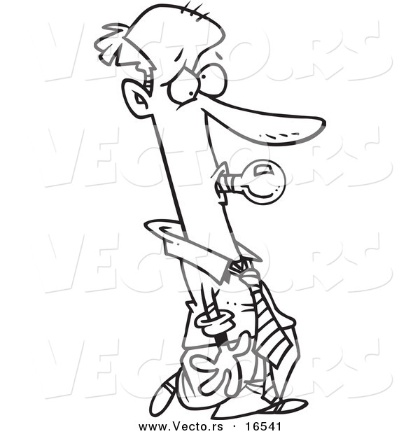 Vector of a Cartoon Businessman with a Bad Idea Bulb in His Mouth - Outlined Coloring Page Drawing