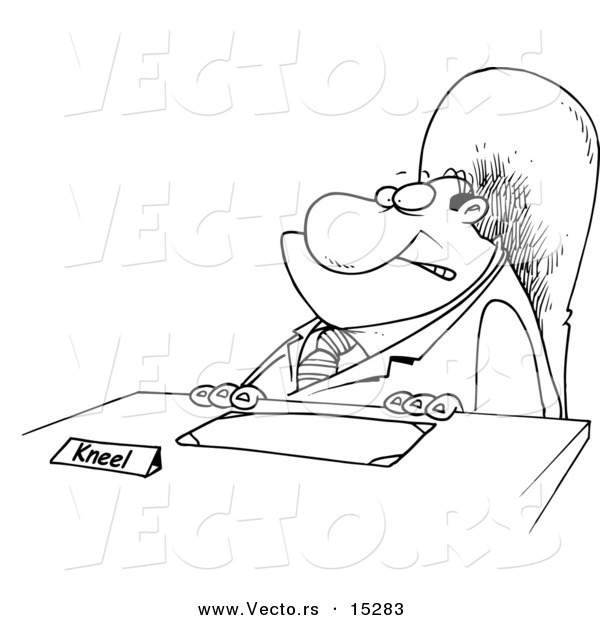 Vector of a Cartoon Businessman with a Kneel Sign on His Desk - Coloring Page Outline