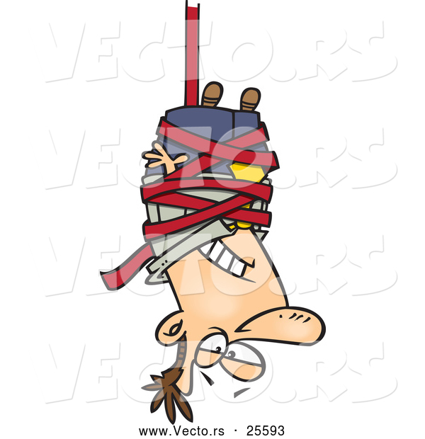 Vector of a Cartoon Businessman Wrapped with Red Tape Suspended from a Ceiling