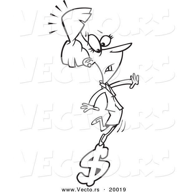 Vector of a Cartoon Businesswoman Balancing on a Dollar Symbol - Outlined Coloring Page