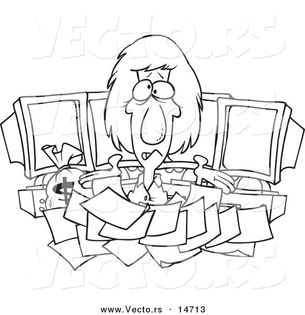 Vector of a Cartoon Businesswoman Buried in Tax Documents by Computers - Coloring Page Outline
