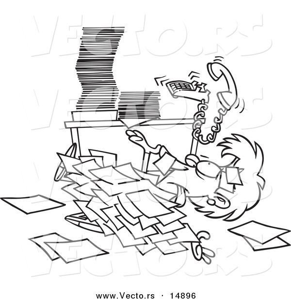 Vector of a Cartoon Businesswoman Buried Under Paperwork - Coloring Page Outline