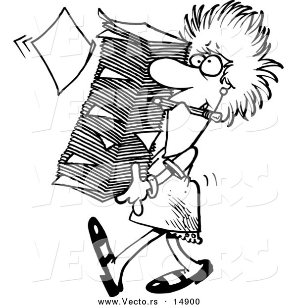Vector of a Cartoon Businesswoman Carrying a Huge Stack of Paperwork - Coloring Page Outline