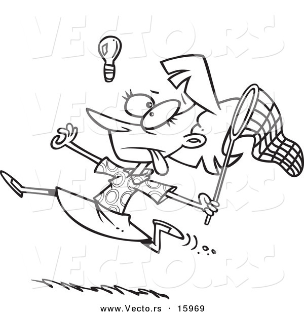 Vector of a Cartoon Businesswoman Chasing an Elusive Idea with a Net - Outlined Coloring Page Drawing