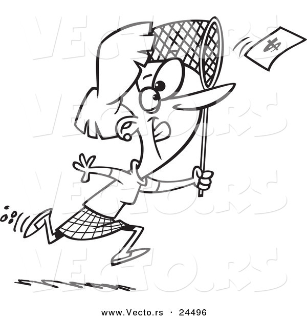 Vector of a Cartoon Businesswoman Chasing Money with a Net - Outlined Coloring Page