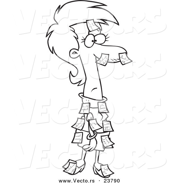 Vector of a Cartoon Businesswoman Covered in Sticky Notes - Coloring Page Outline