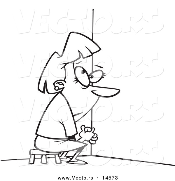 Vector of a Cartoon Businesswoman Doing Time out in a Corner - Coloring Page Outline