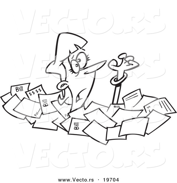 Vector of a Cartoon Businesswoman Drowning in Papers - Outlined Coloring Page