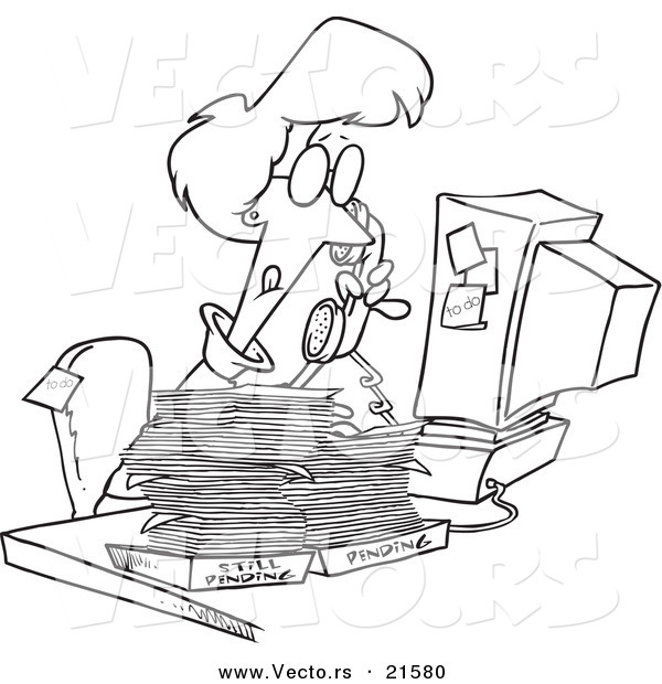 Vector of a Cartoon Businesswoman Going over Pending Paperwork - Outlined Coloring Page