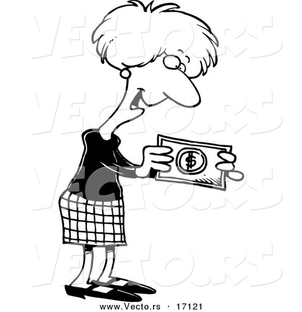 Vector of a Cartoon Businesswoman Holding a Cash Bonus - Coloring Page Outline