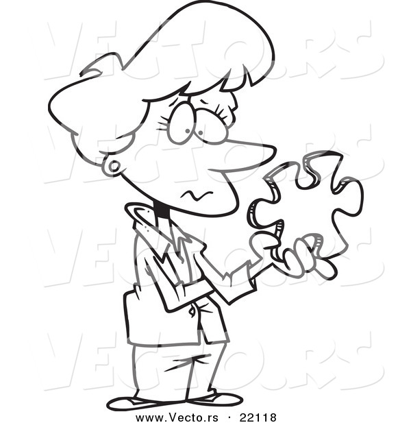 Vector of a Cartoon Businesswoman Holding a Puzzle Piece - Outlined Coloring Page
