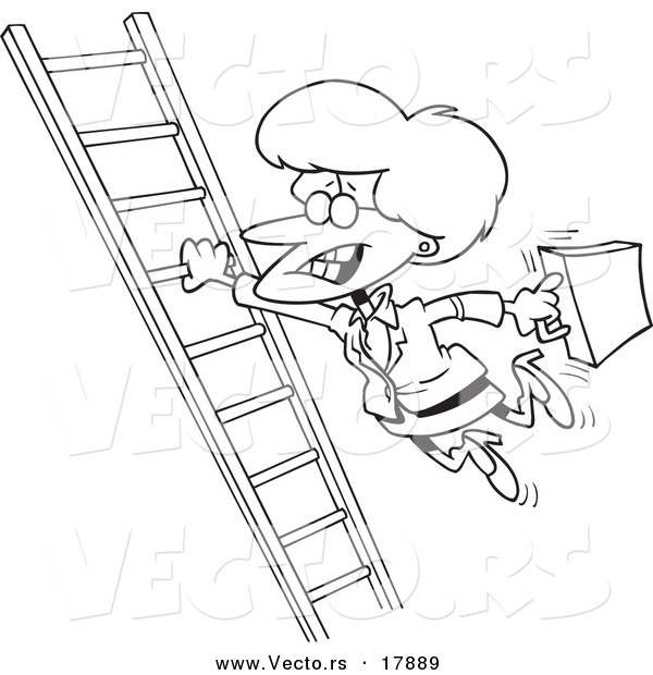 Vector of a Cartoon Businesswoman Holding onto a Ladder with One Hand - Outlined Coloring Page