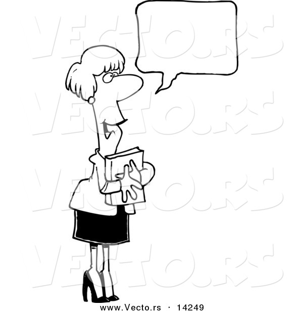 Vector of a Cartoon Businesswoman Hugging a Book and Talking - Coloring Page Outline