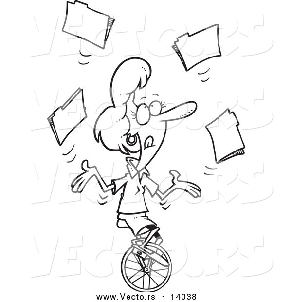 Vector of a Cartoon Businesswoman Juggling File Folders on a Unicycle - Coloring Page Outline