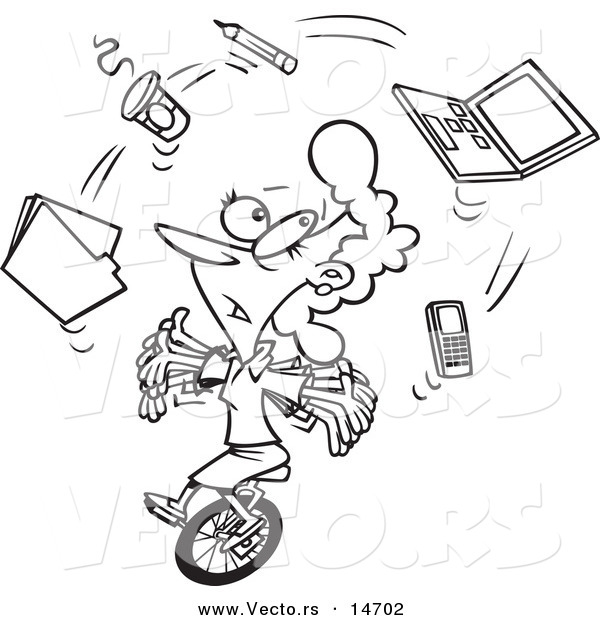 Vector of a Cartoon Businesswoman Juggling Office Items on a Unicycle - Coloring Page Outline