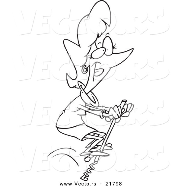 Vector of a Cartoon Businesswoman Jumping on a Pogo Stick - Outlined Coloring Page