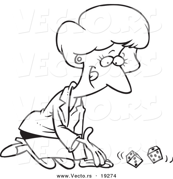 Vector of a Cartoon Businesswoman Kneeling and Rolling Dice - Outlined Coloring Page