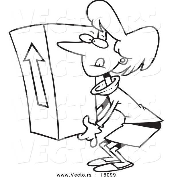 Vector of a Cartoon Businesswoman Lifting a Heavy Box - Outlined Coloring Page