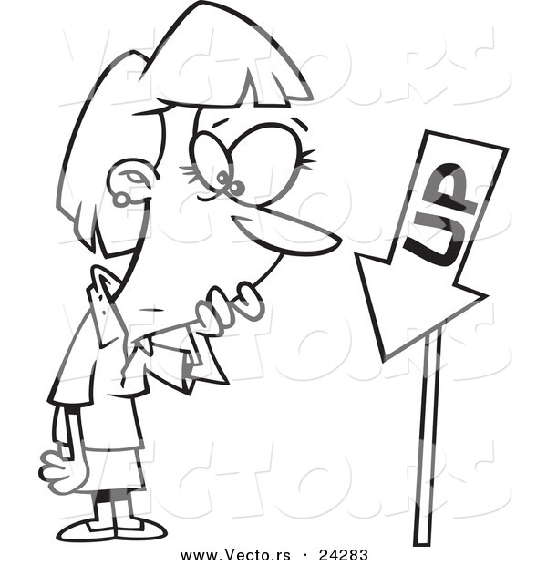 Vector of a Cartoon Businesswoman Looking at an up Sign Pointing down - Outlined Coloring Page