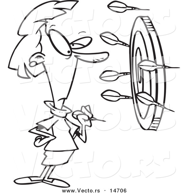 Vector of a Cartoon Businesswoman off Target with Darts - Coloring Page Outline