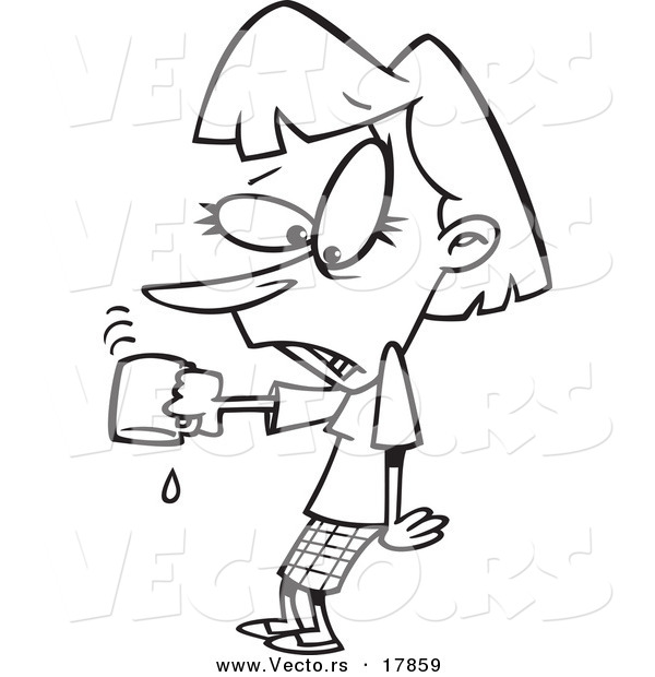 Vector of a Cartoon Businesswoman Pouring the Last Drop of Coffee - Outlined Coloring Page