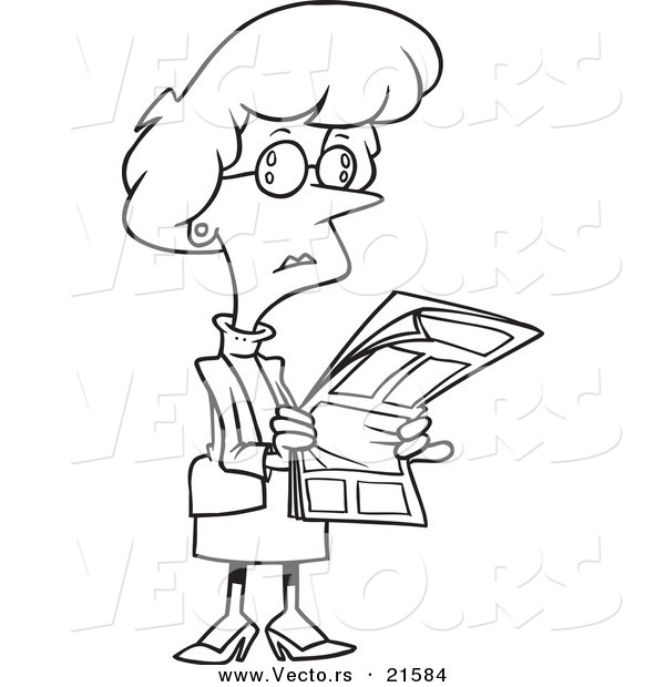 Vector of a Cartoon Businesswoman Reading a Newspaper - Outlined Coloring Page