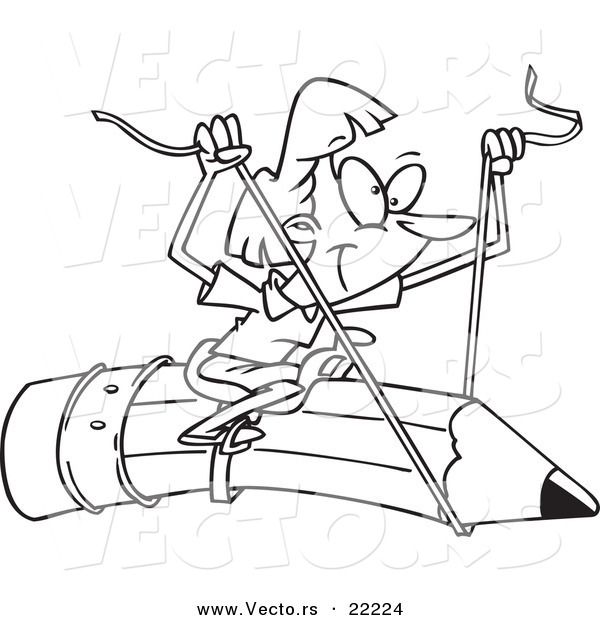 Vector of a Cartoon Businesswoman Riding a Pencil - Outlined Coloring Page