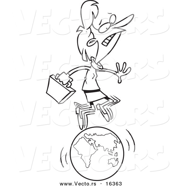 Vector of a Cartoon Businesswoman Running on a Globe - Outlined Coloring Page Drawing