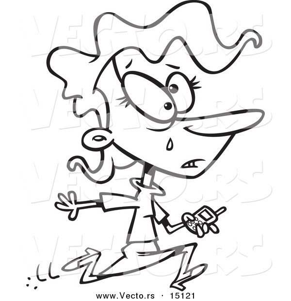 Vector of a Cartoon Businesswoman Running to Get Bars on Her Phone - Coloring Page Outline