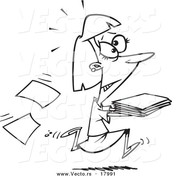 Vector of a Cartoon Businesswoman Running with Late Files - Outlined Coloring Page