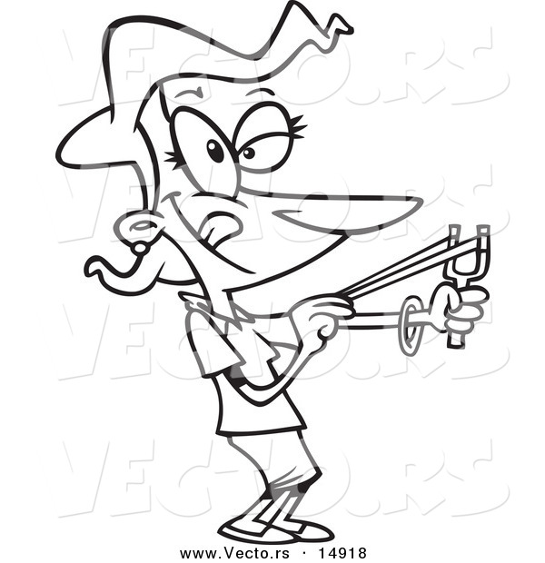 Vector of a Cartoon Businesswoman Shooting a Slingshot - Coloring Page Outline