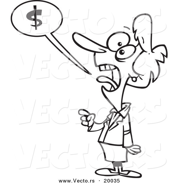 Vector of a Cartoon Businesswoman Shouting About Money - Outlined Coloring Page