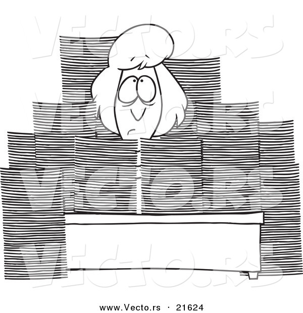 Vector of a Cartoon Businesswoman Sitting at Her Desk with Stacks of Paperwork - Outlined Coloring Page