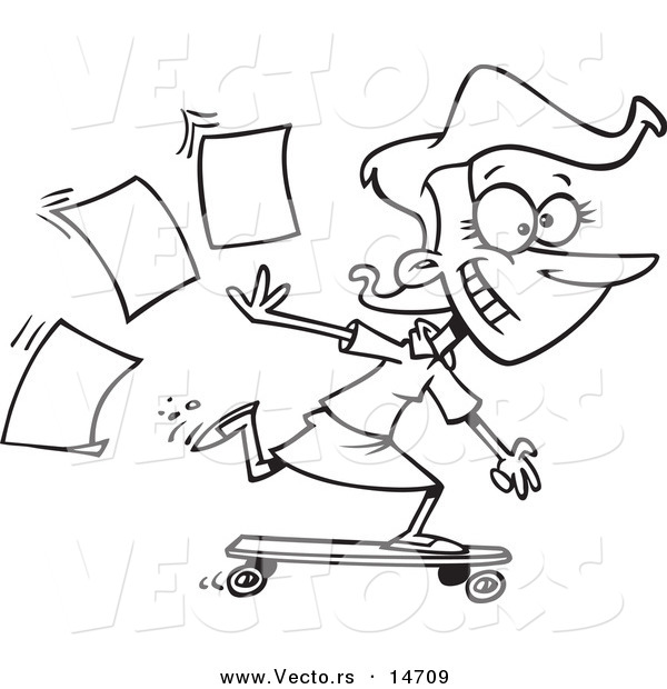Vector of a Cartoon Businesswoman Skateboarding in the Office - Coloring Page Outline