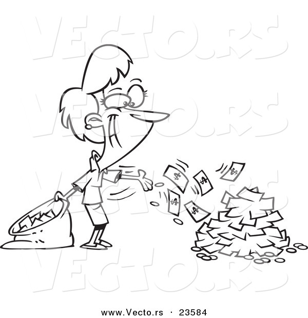 Vector of a Cartoon Businesswoman Spending Cash - Coloring Page Outline