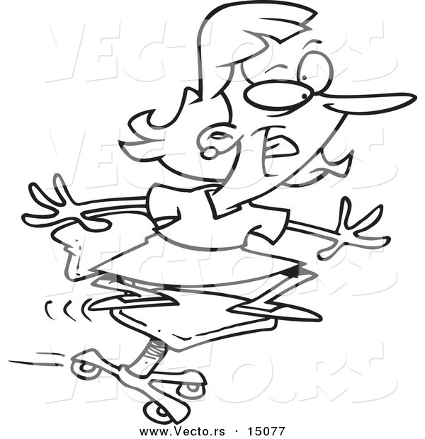 Vector of a Cartoon Businesswoman Surfing on Her Office Chair - Coloring Page Outline
