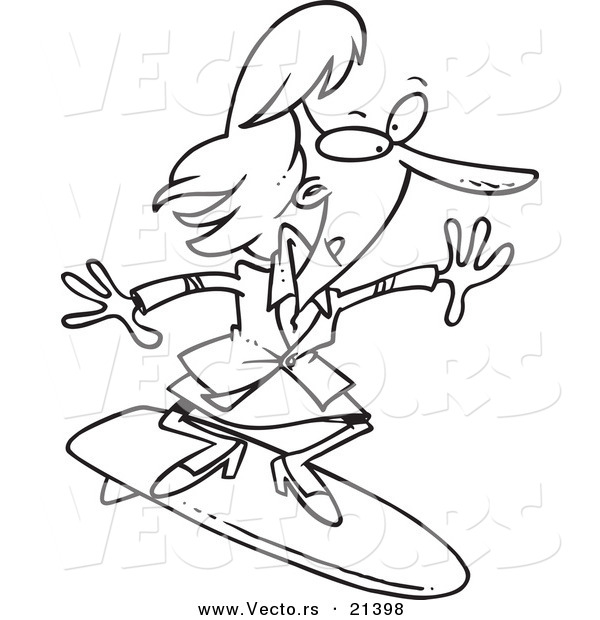 Vector of a Cartoon Businesswoman Surfing - Outlined Coloring Page