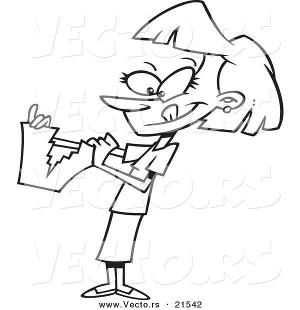 Vector of a Cartoon Businesswoman Tearing up Paperwork - Outlined Coloring Page