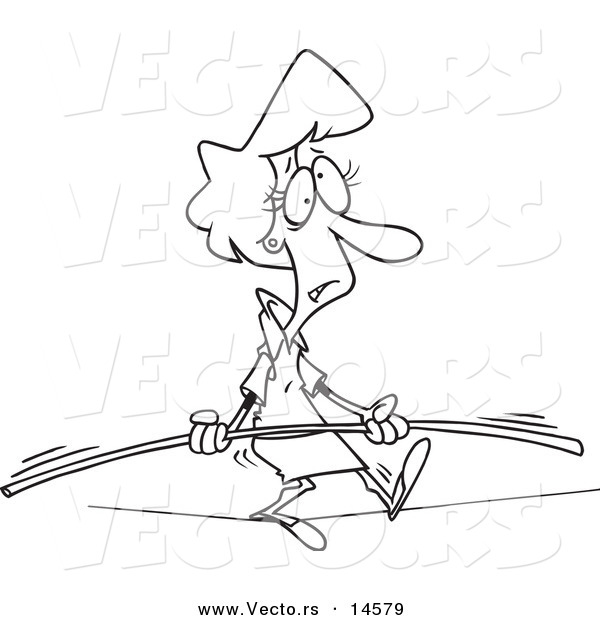 Vector of a Cartoon Businesswoman Trying to Maintain Balance on a Tight Rope - Coloring Page Outline